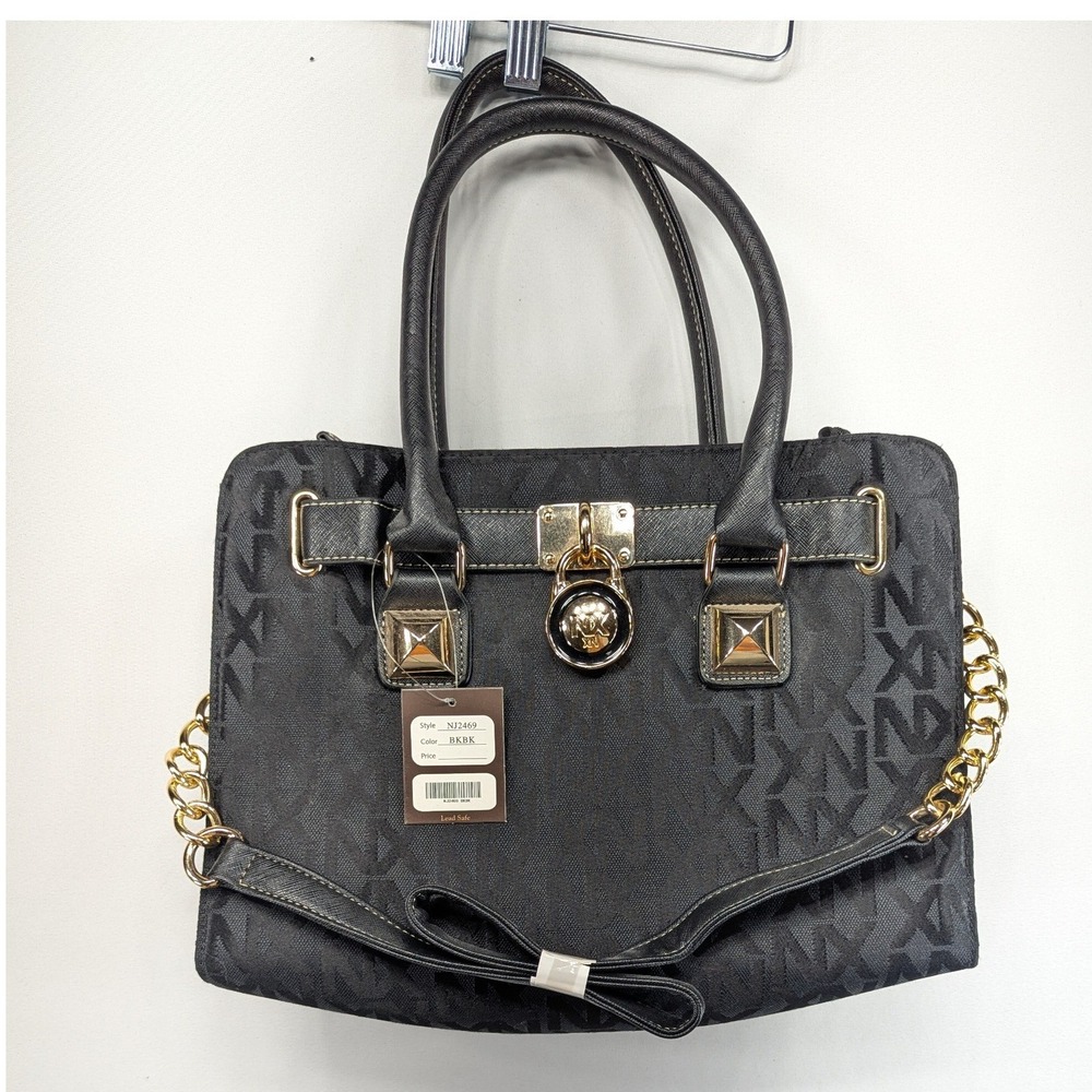 Noble Exchange NX Black Monogram Satchel Handbag NJ2469 Gold Hardware New